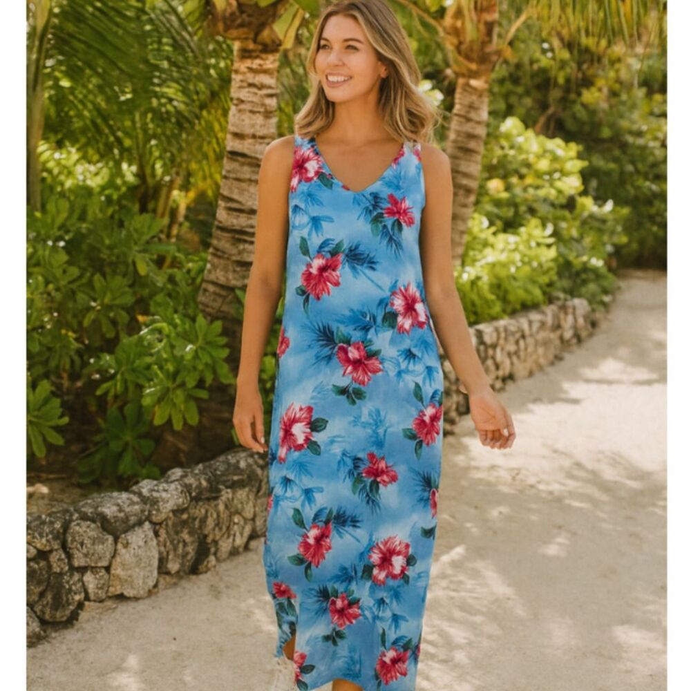 Jade Fashions Hawaii Sleeveless Maxi Dress Womans XL VTG Blue Tropical Hibiscus